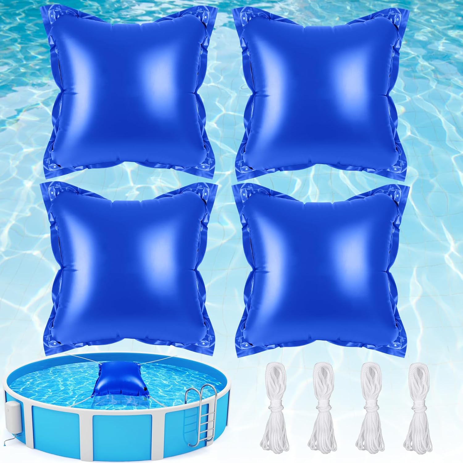 Angooni 2pcs Extra-Strong 6x6ft Pool Pillow for Winter - 0.4mm Thick PVC Pool Pillows, Sturdy Ropes & Boston Dual Valve, Reliable Above Ground Pool Closing Aid