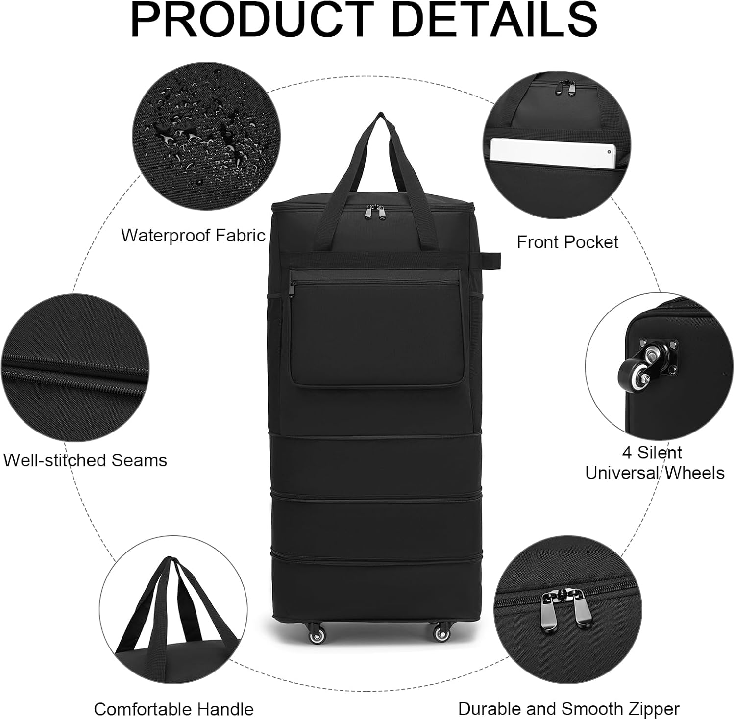 Foldable Duffel Bag, Large Expandable Rolling Travel Duffle Bag with Wheels Waterproof Collapsible Carry on Luggage for Women Men Duffel Bag with Wheels and Handle-Black - Image 3
