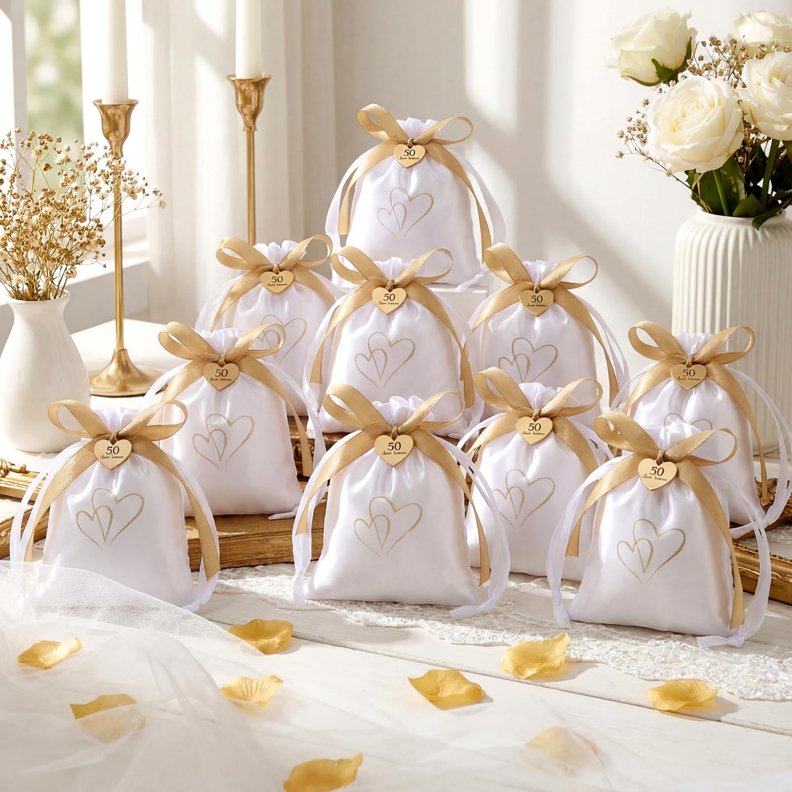 Otuuz 25 Set Bomboniere Matrimonio Sacchetti Bomboniere Sacchetti Regalo in Raso con Coulisse 50 Anni Insieme Ciondolo a Forma di Cuore in Oro e Nastro Regali per l'Anniversario Festa di Nozze