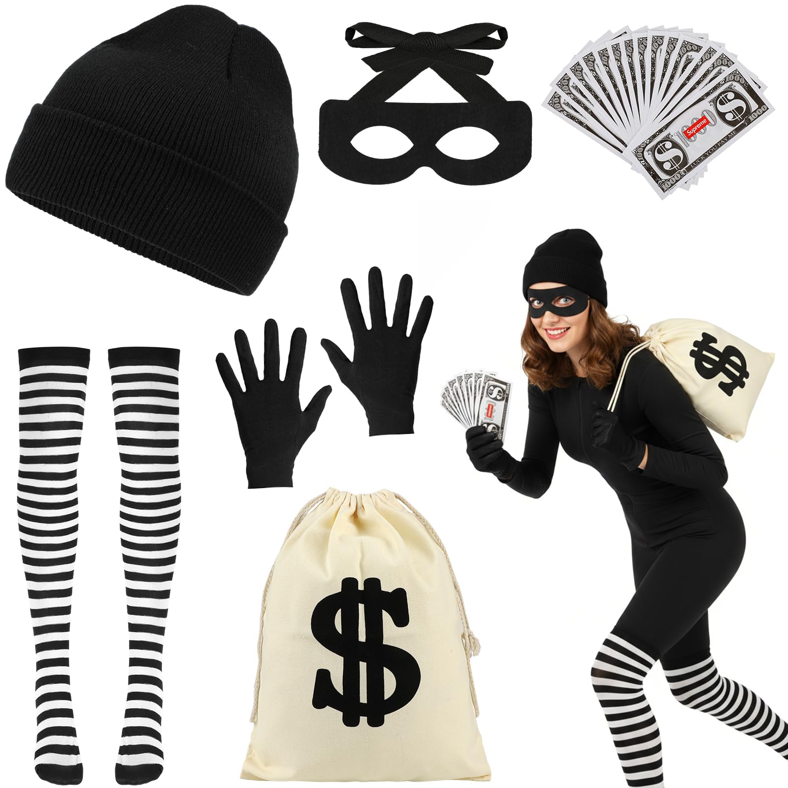 Thief Costume, Bank Thief, Costume House Paper Dollar Money Bag Bandit Eye Mask Knitted Hat and Gloves Accessory for Adults Carnival Halloween Cosplay Party