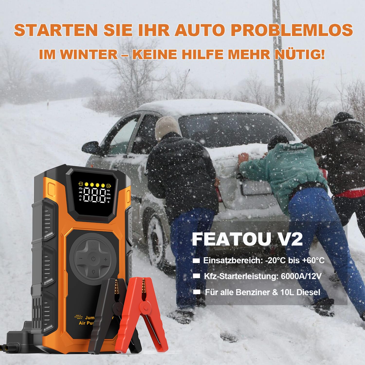 Starthilfe Powerbank für pkw, 6000A Auto Starthilfe Powerbank mit Kompressor 150PSI, 12V Starter Powerbank(bis Alle Benzin/10L Diesel), Batterie Booster Jump Starter mit QC3.0, Jumper/LCD/Taschenlampe