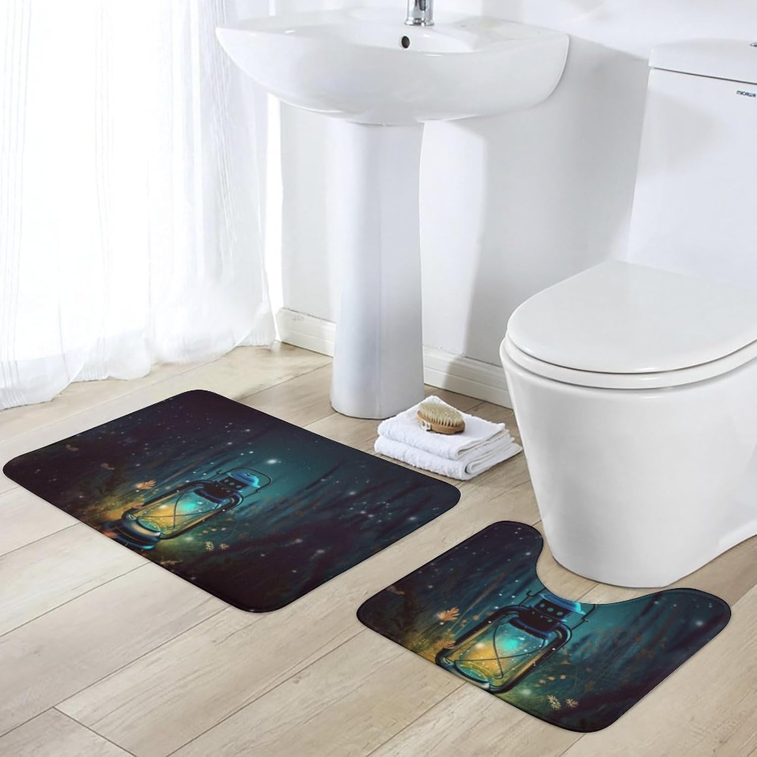 Coral Fleece Rug Set of 2, Fireflies and Lantern Printed Bathroom Rug U-Shaped Toilet Mat Soft Non-Slip Absorbent Mat for Bathroom Floor, Tub and Shower