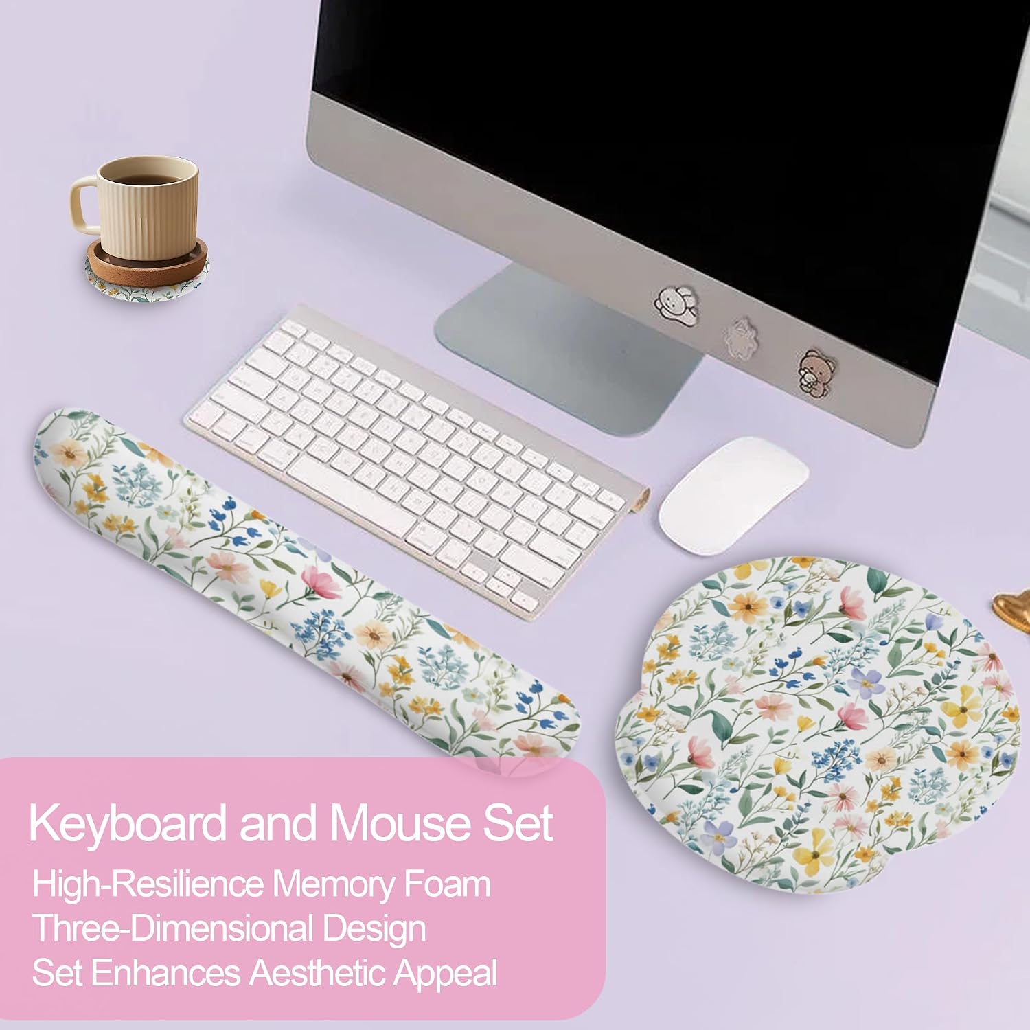 Wildflowers Leaves Mouse Pad with Wrist Rest and Keyboard Wrist Rest Set, Spring Colorful Flowers Non-Slip Rubber Base Memory Foam Mouse Pad Set for Women, Office Desk Accessories, Gaming image 3