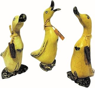 homestyles Wooden Vintage Hand Crafted 8'h Baby Duck 3 Piece Bamboo Root Figurine Set with Whimsical Name Tags (Cream-White-Lt Yellow)