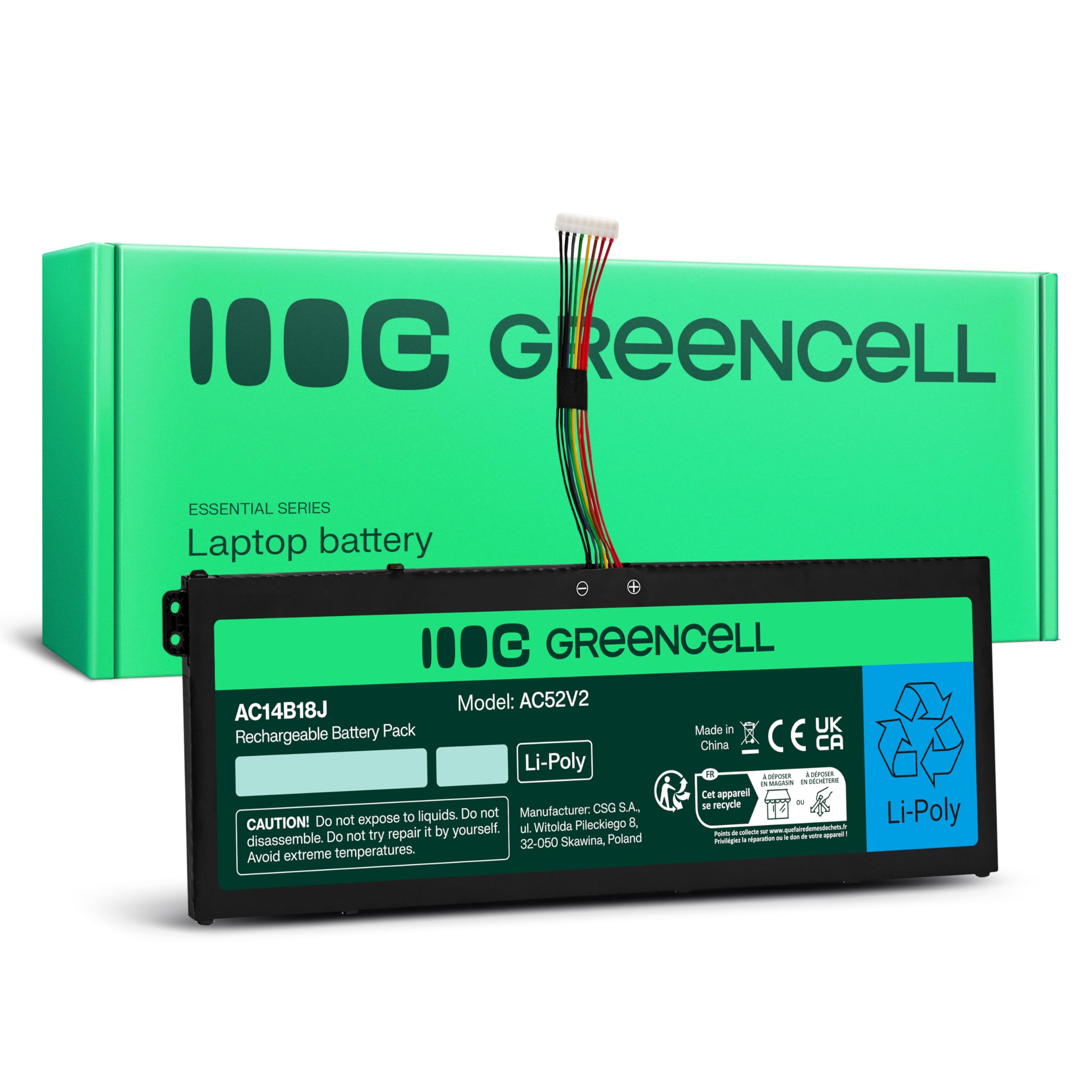 Green Cell AC14B13J AC14B13K Batterie pour Ordinateur Portable Acer Aspire 3 A315-23 A315-55G ES1-111M ES1-331 ES1-531 ES1-533 ES1-571 (3600 mAh, 11,4 V, Noir)
