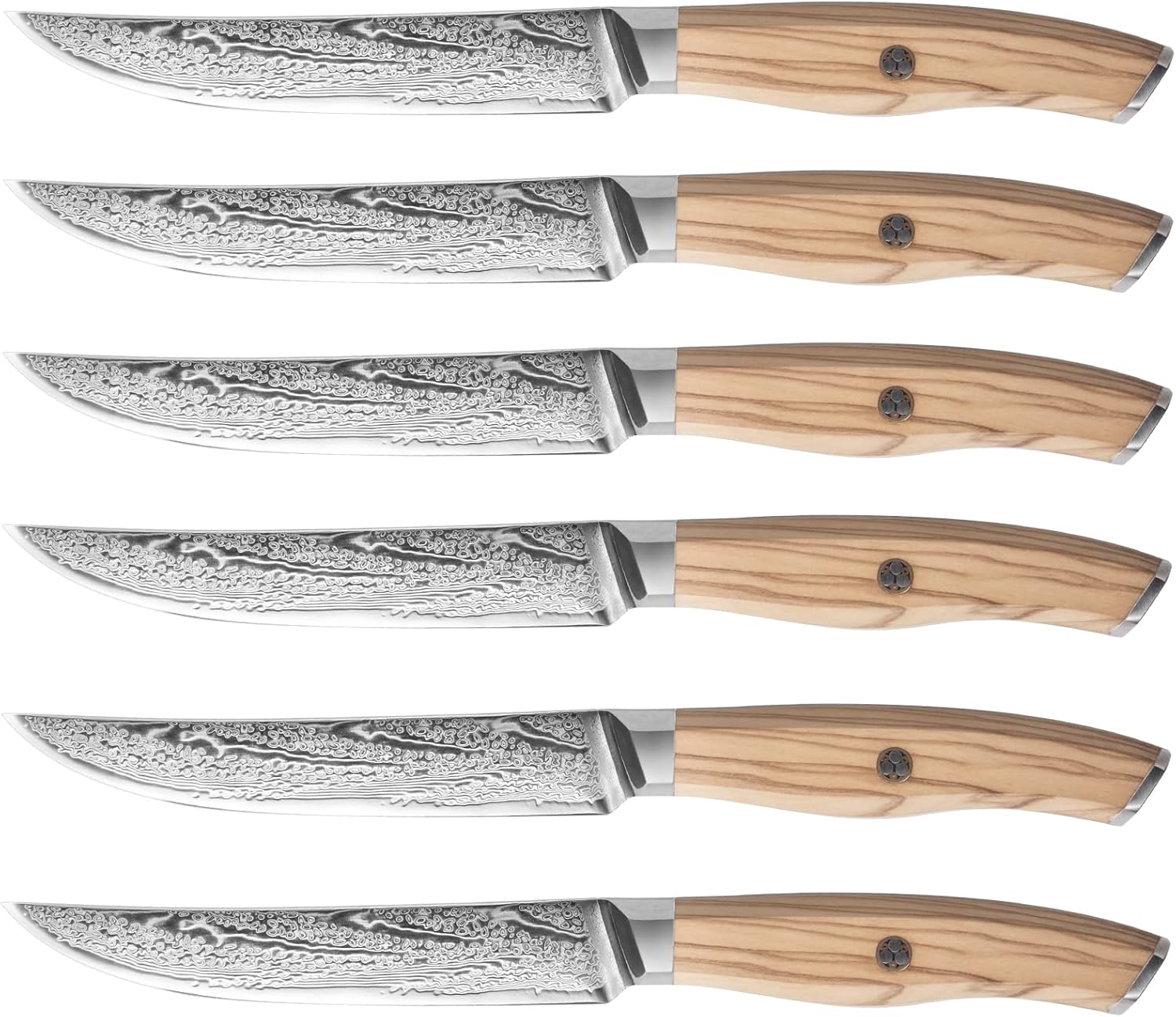 Steak Knives Set of 6 Damascus Premium Non Serrated Steak Knife Set with Natural Olive Wood Handle, 67-Layer Japanese Steel Straight Edge Blades – High End Steak Knives for Fine Dining & Gift