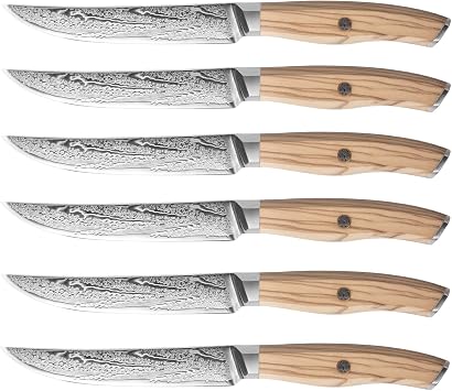 Steak Knives Set of 6 Non Serrated Damascus Steel Knife Set | 67-layer Japanese straight edge blades, premium natural olive wood handle, fine dining gift