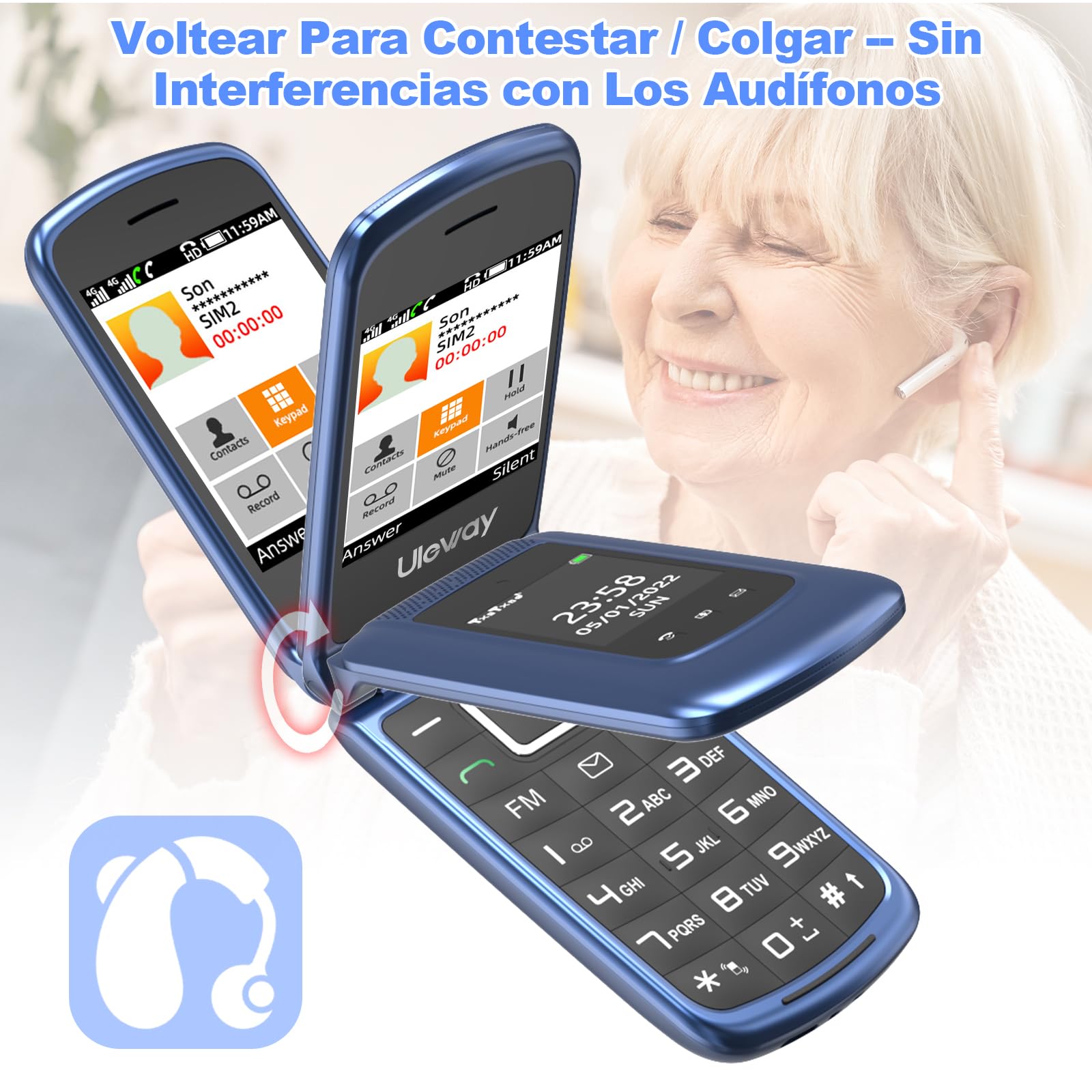 4G Telefono Movil para Mayores Libre con Teclas Grandes, Doble SIM Doble Pantalla LCD, Fácil De Usar Teléfono Móvil Personas Mayores con Botón SOS, Cable USB C, Batería 1000mah, Base Cargadora (Azul)