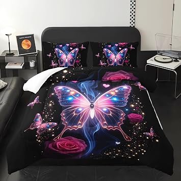 Colorful Butterfly Theme Comforter 3Pcs Twin Romantic Rose Flower Butterflies Bedding Set for Kid Teen Girl Boy Adult Aesthetics Starlight Quilt Bed Decor with 1 Comforter and 2 Pillowcases