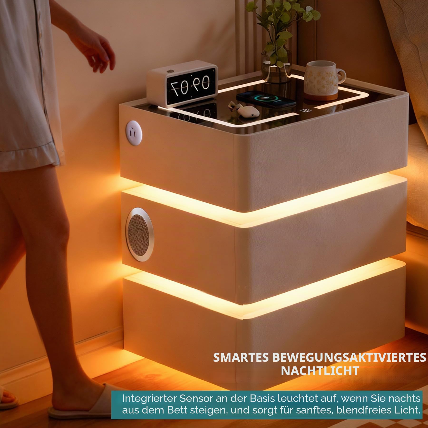 LED Nachttisch Weiß 2er Set, mit 3 Schubladens, Bluetooth-Lautsprecher, 3 Licht Dimmbar, Automatischer Sensor und Kabelloses Laden, Modern Intelligent Sofatisch