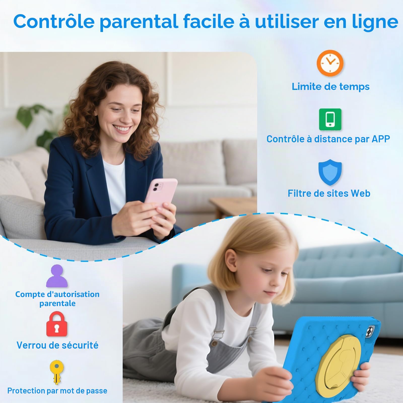 DMOAO Tablette Enfants 10 Pouces Android 15 avec 30Go RAM (TF 2To), 5G WI-FI 6, Widevine L1, Contrôle Parental, 8-Core, Tablette Tactile avec Coque Antichoc EVA + Support Rotatif à 360°,Bleu