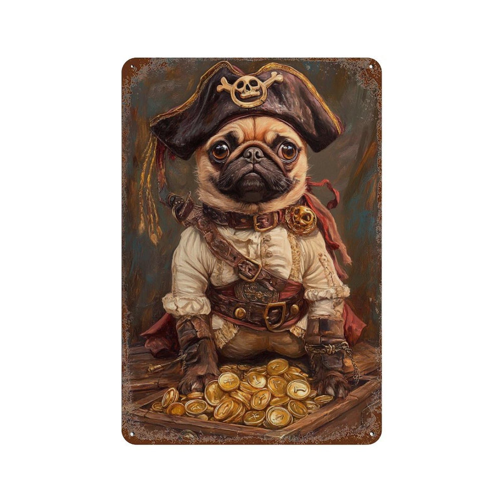 Aged Metal Wall Plaque with Pirate Pug Treasure Chest Design 11.8"x7.9", for Basement, Hobby Room And Garage Decor, Farmhouse Wall Decor