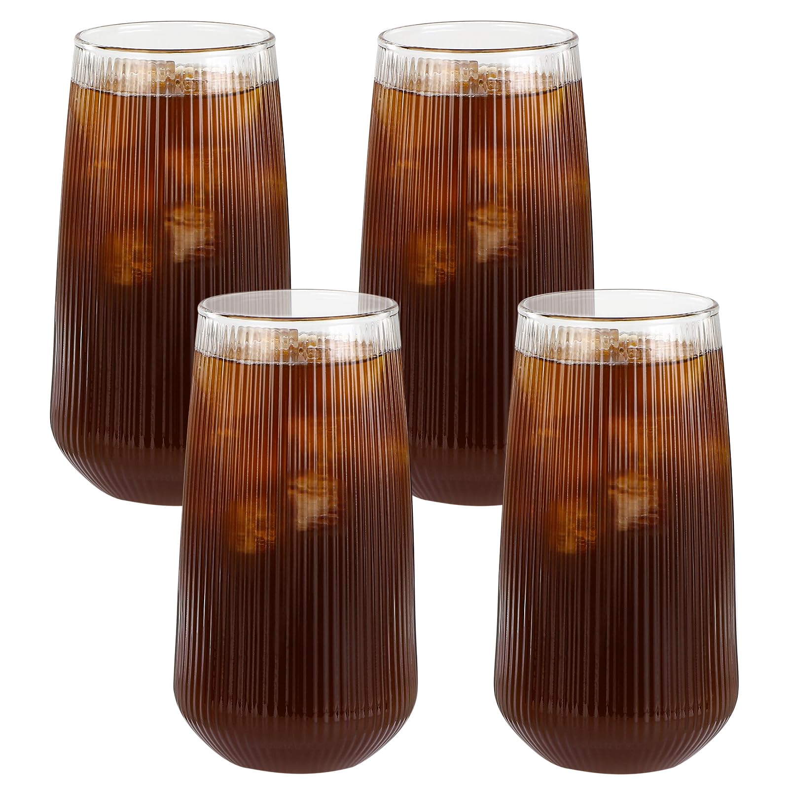 Auauraintt Latte Macchiato Glasses,Cappuccino Kaffeegläser,4 Stück, 500 ml, gerippte Glasbecher,Transparent, Hitzebeständig, für Margaritas, Cocktail, Kaffee, Smoothie, Eis,Capuccino Cups,Säfte
