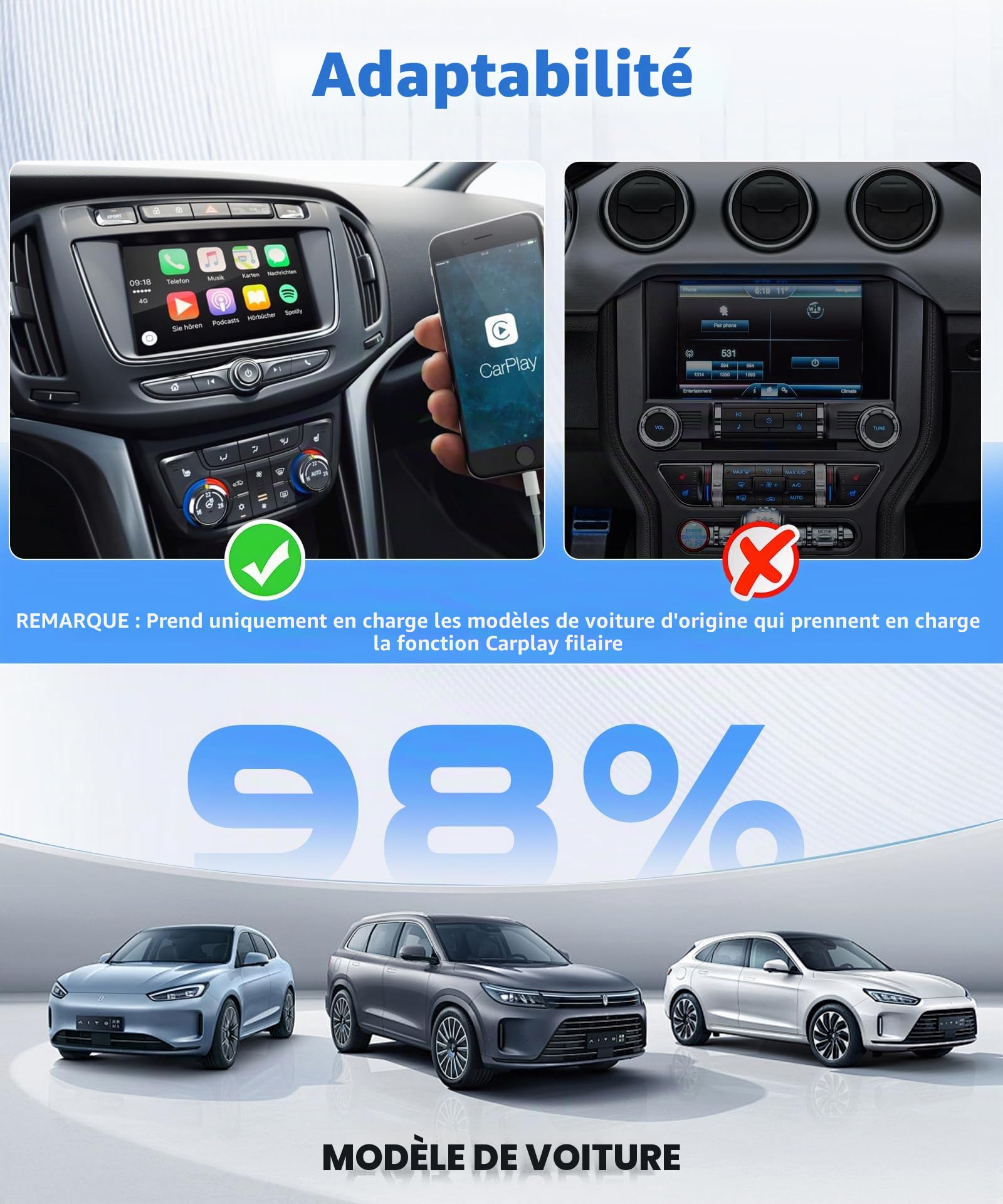 2 en 1 Sans fil Carplay Adapter & sans fil Android Auto Adapter, Convertir Wired Android Auto/Car Play en Wireless pour Les Voitures avec Wired CarPlay, Car Play Adaptateur USB/Type-C Plug & Play