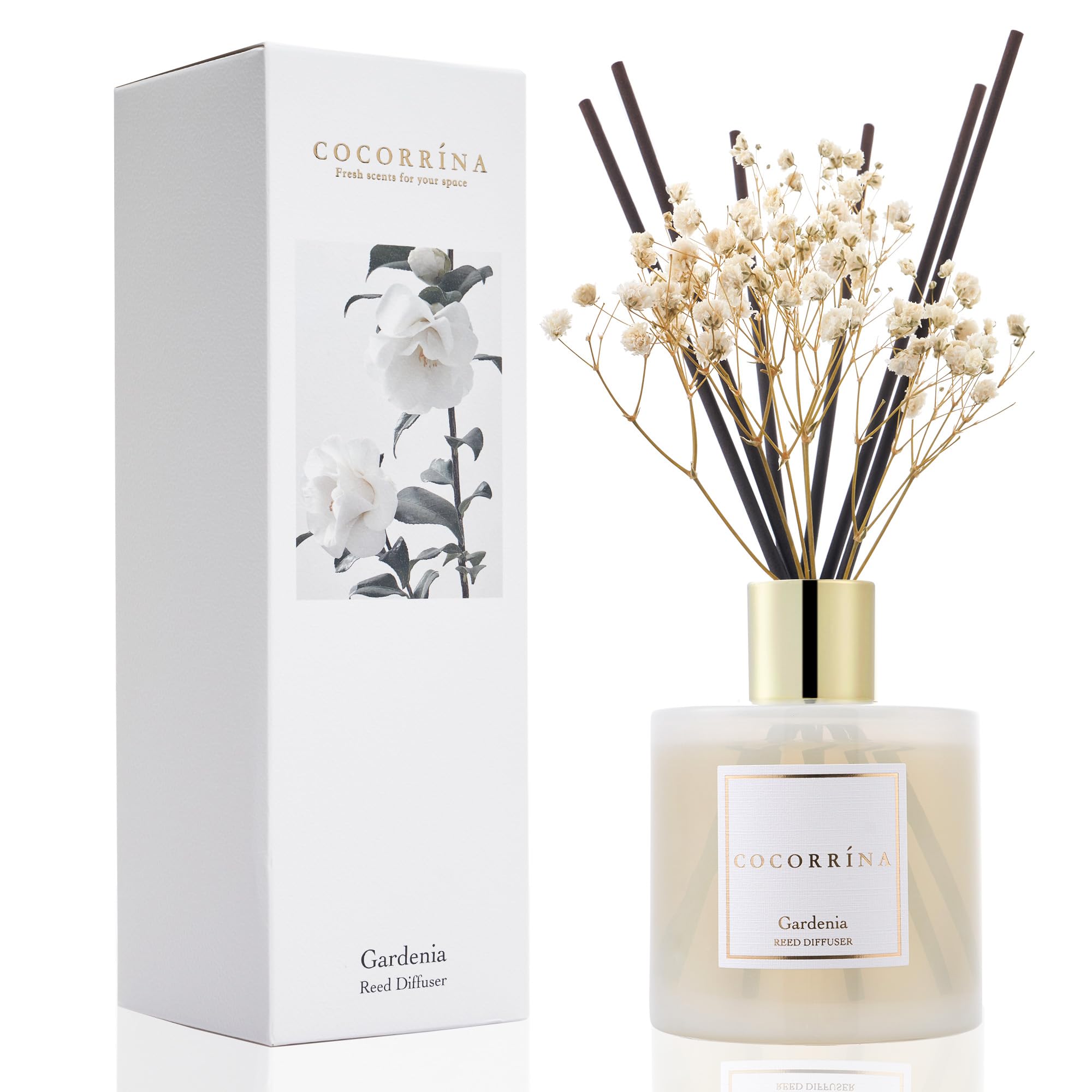 Cocorrína Set di diffusori a bastoncini, diffusore Gardenia da 200 ml con 8 bastoncini di profumo per la casa, per camera da letto, bagno, soggiorno, casa e ufficio