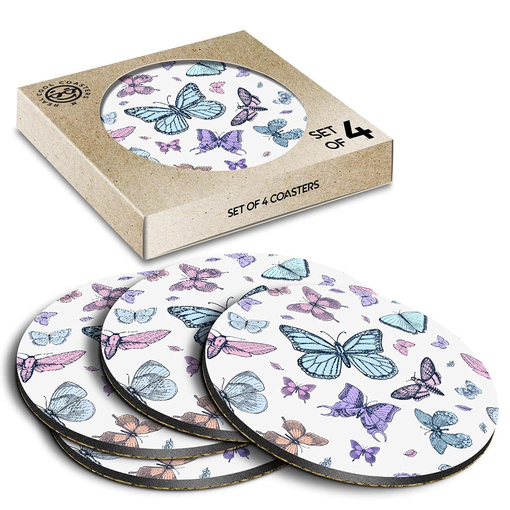 4 x Eco Boxed Cork Coasters - Vintage Colourful Butterflies Drink Cup Mug Glass Table Mat #14721