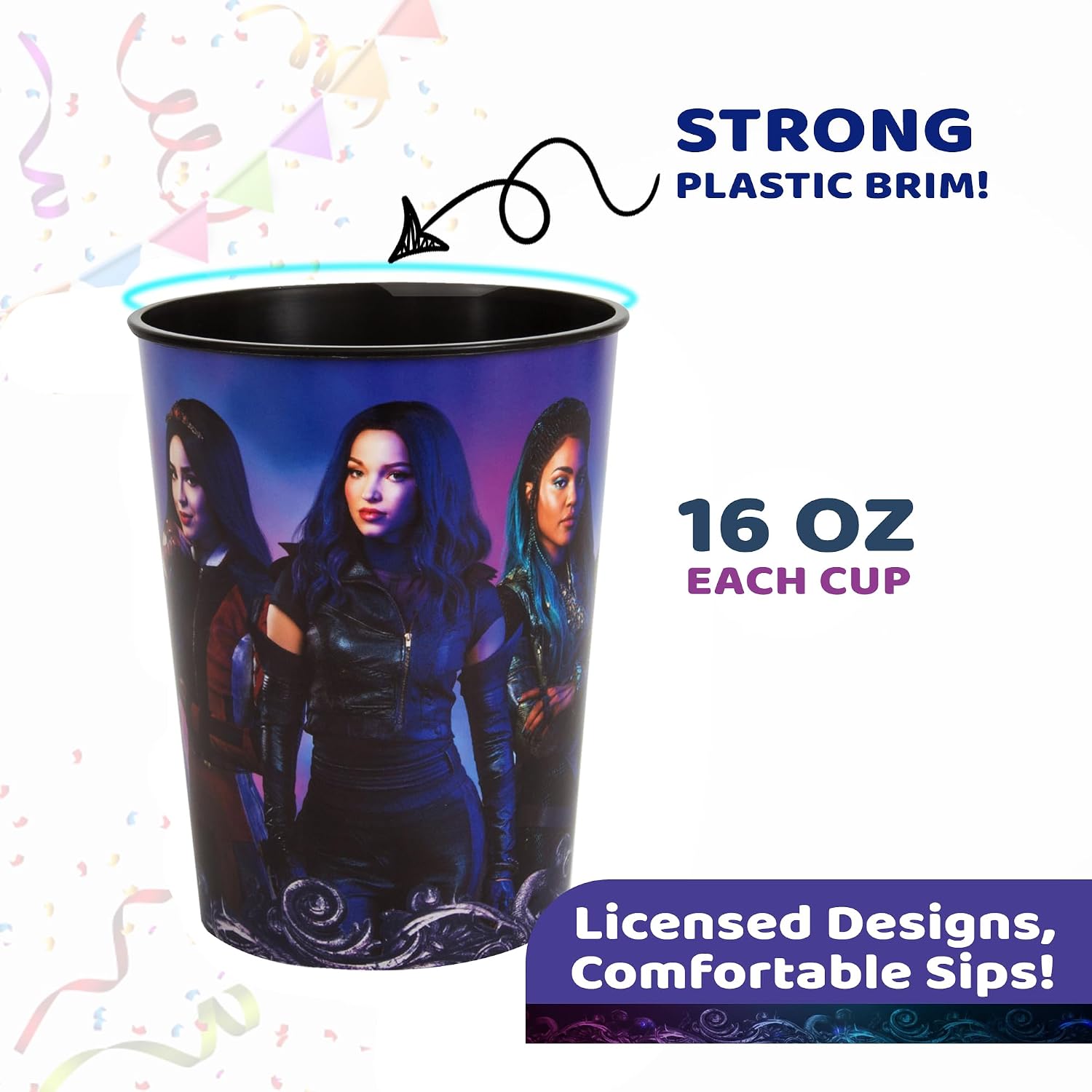 Unique Descendants 3 12 Pack 16 oz Plastic Reusable Favor Cups – Birthday Party Supplies, Goodie Bag Favors, Kids’ Drinkware & Take-Home Gifts