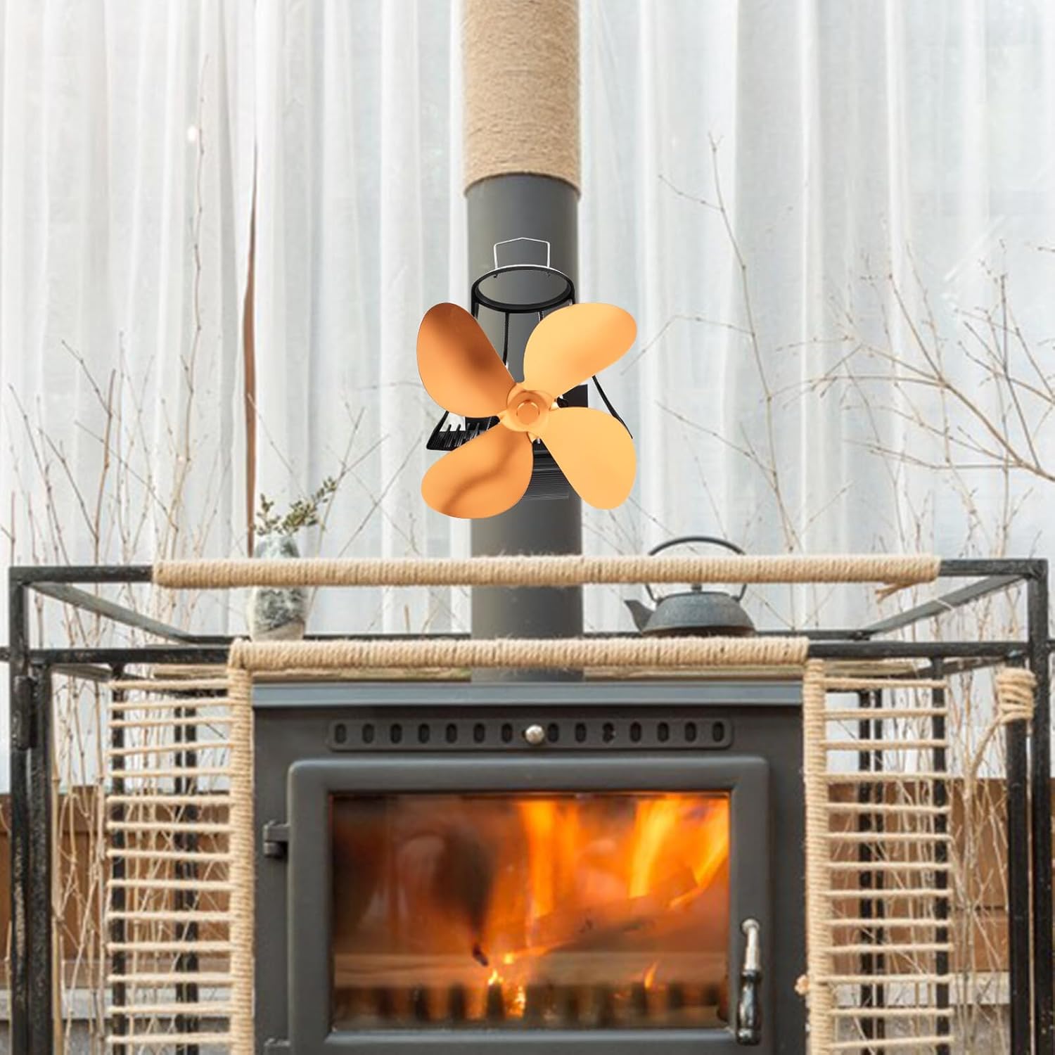 Thermal Power Fireplace Stove Fan with 4 Blades, Heat Powered Gold Aluminum Fan for Wood Stove Heating Efficiency, Eco-friendly Heat Powered Blower for Home Heating