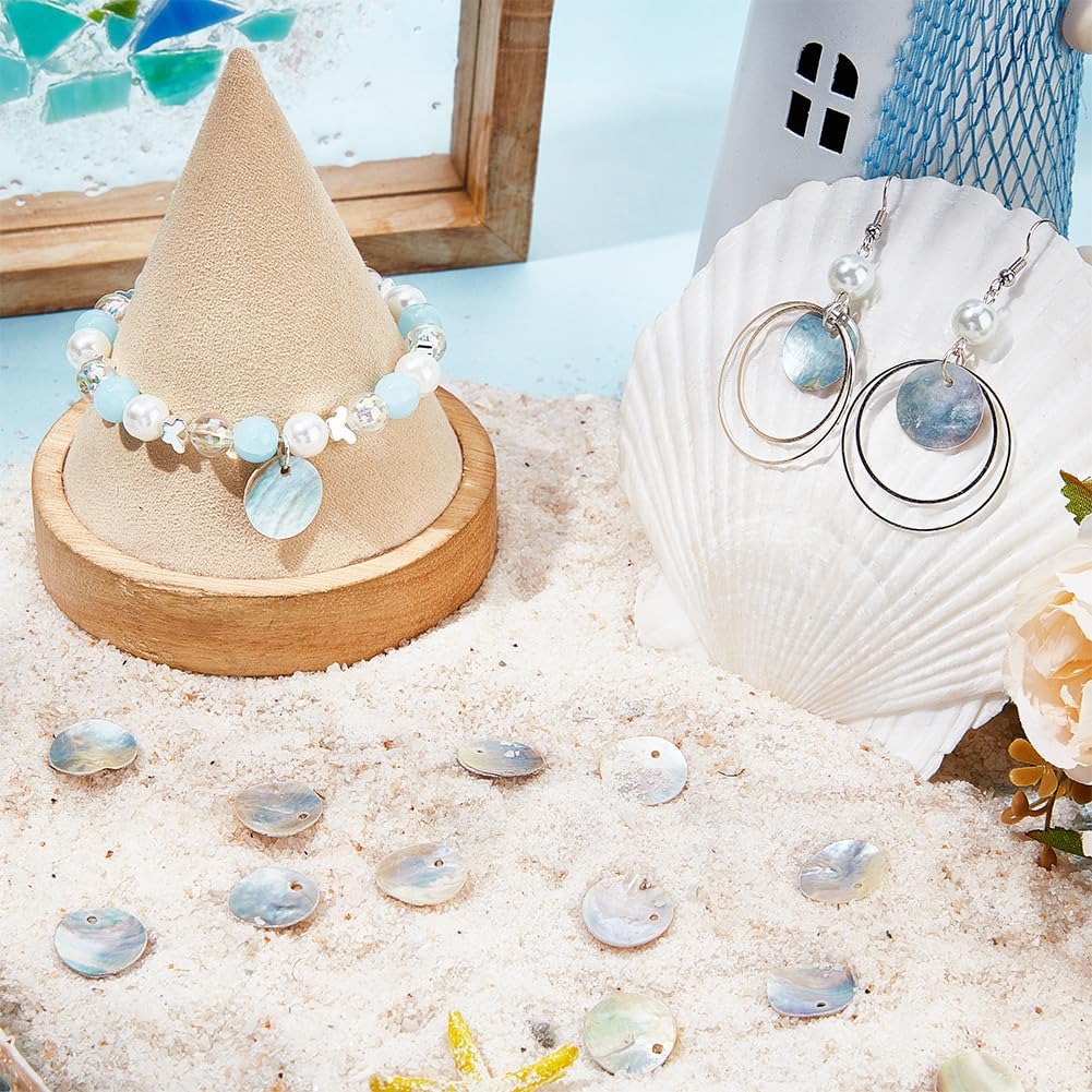 Beebeecraft 1 Box 140Pcs Sea Shell Charms 15mm Flat Round Shell Beads with Iridescent Back Disc Coin Ocean Natural Shell Charm Pendant for Jewelry Making Charms Earrings Necklaces DIY Craft Decoration