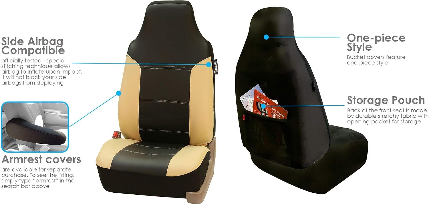 FH Group Royal PU Breathable Leather High Back Bucket Font Set Car Seat Covers, Airbag Compatible - Universal Fit for Cars Trucks and SUVs (Beige/Black)
