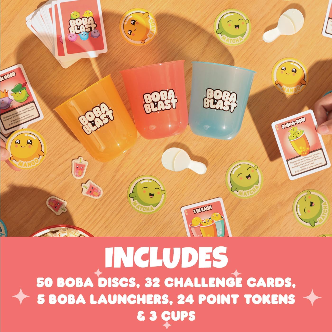 Exploding Kittens Boba Blast, 2-6 Players, Age 7+ Rapid-Fire Game | Flip boba discs into cups with spoon launchers, tackle trick-shot challenges, and race through fast, travel-ready rounds.