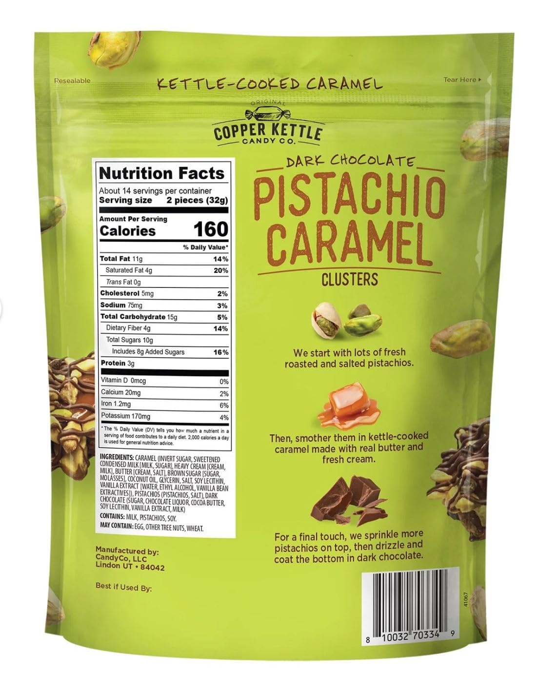 2 Copper Kettle Candy Co Dark Chocolate Pistachio Caramel Clusters 16 oz