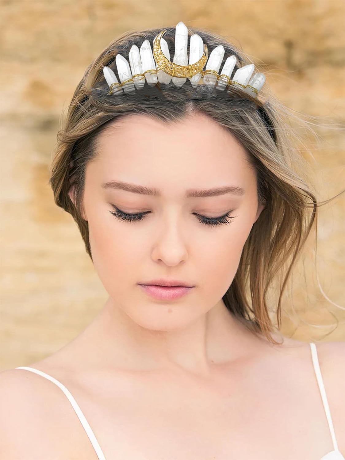 Miniatura 8 de Campsis Diadema de cuarzo de cristal crudo, diadema de gemas doradas, corona de bruja, corona de bruja, hecha a mano, accesorios de pelo de sirena,