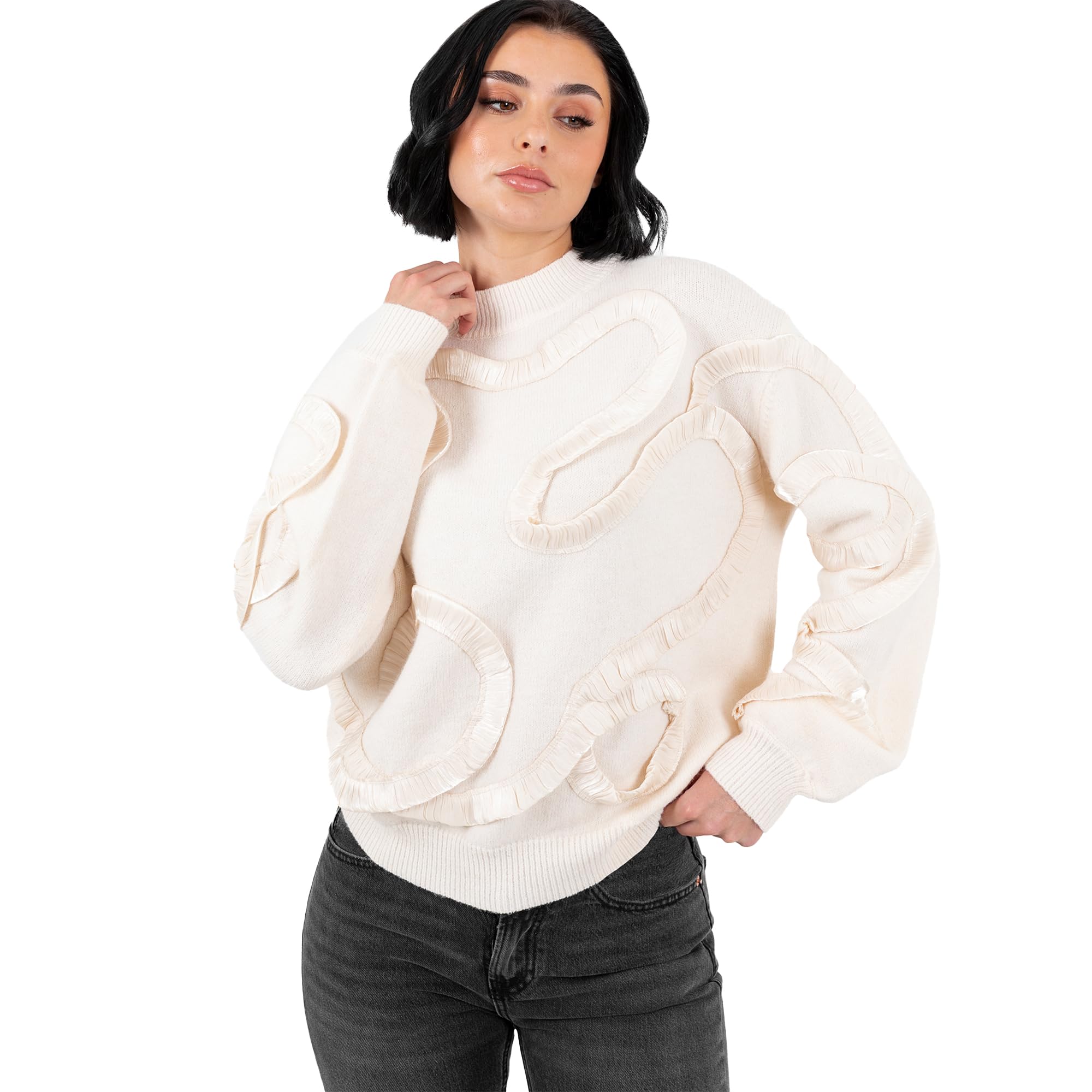 Lovedrobe Women's Jumper Ladies Sweater High Neckline Satin Squiggle Appliqué Long Sleeve Pullover Soft Knitwear Top, Cream 8-10