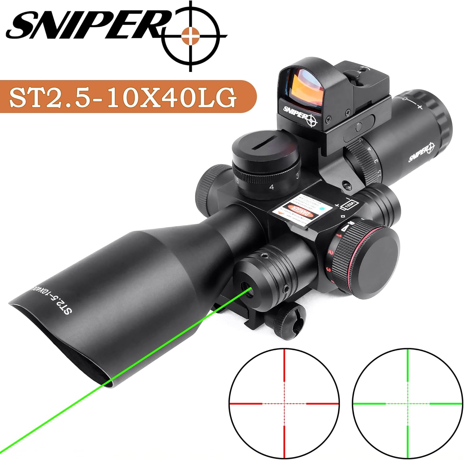 Sniper ST 2.5 10x40 Rifle Scope Combo with Green Laser R G Illuminated Reticle Red Dot Sight Image