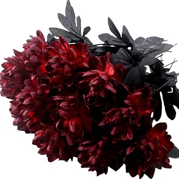 Artificial Dahlia Flowers, 12 Pack Burgundy Gothic Dead Flowers with Long Stems, Dark Red Silk Flower for Halloween Wedding Decor, Spooky Centerpieces, Halloween Floral Arrangements 12, Burgundy