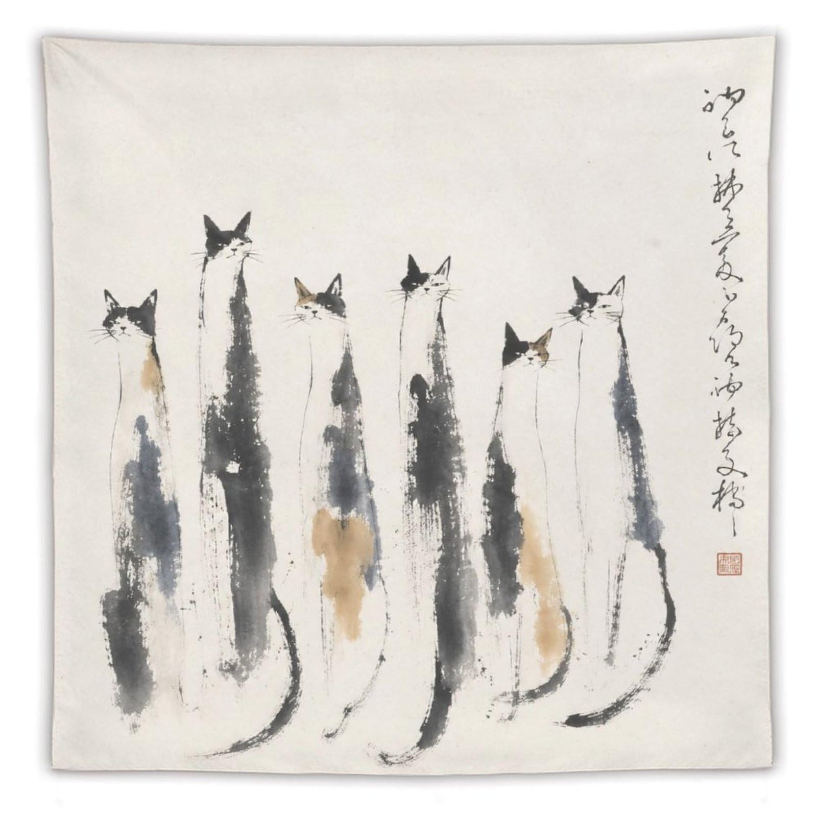 H3B8U2Y5 Ink Cat Lineup Wall Tapestry, Asian Ink Style, Living Room