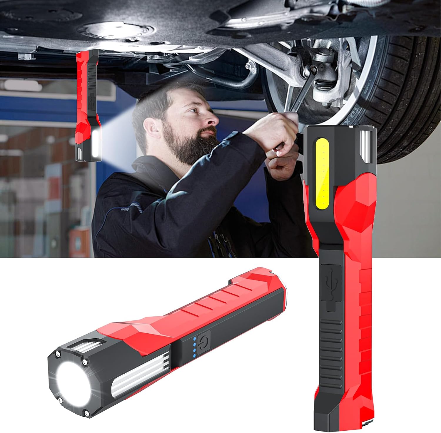Work Light for Mechanic, Rechargeable 2000mAh LED Work Light with 160° Swivel Head and Magnetic Base,6 Lighting Modes and 180°Hooks, Portable Magnetic Flashlight for Car Repair, Inspection, Garage