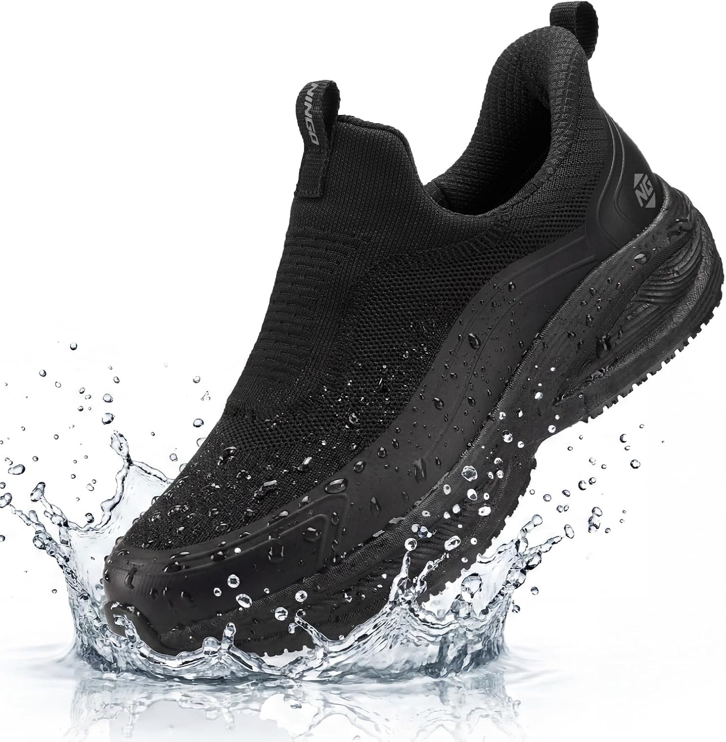 NINGO Non Slip Waterproof Work Shoes for Men, Comfortable Slip On Chef Shoes, Lightweight Breathable Walking Sneakers with Arch Support, for Food Service, Restaurant, Kitchen, Outdoor, Working, Black