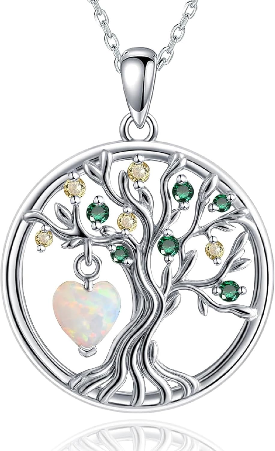E Tree of Life Necklace 925 Sterling Silver Created Opal Pendant Necklace, Anniversary Birthday Christmas Jewelry Gifts for Mom Wife Women Her
