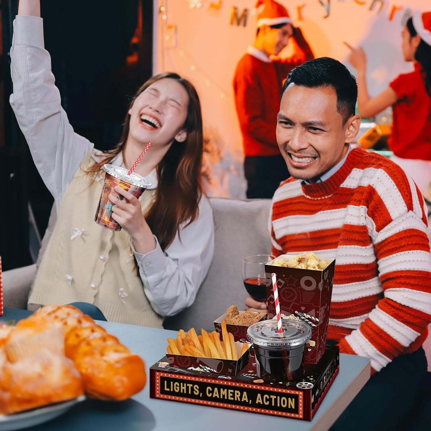 Bokon 172 Pcs/ 24 Sets of Movie Night Snack Trays 3 Sizes Snack Boxes, 16 oz Disposable Drinks Cups, 50 Straws, Complimentary Sealing Stickers for Cinema Party Decoration(Plastic,Cinema)