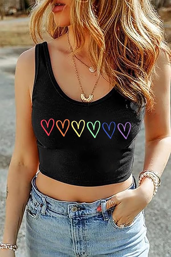 Pride Crop Tank Tops Women Cute Rainbow Hearts Graphic Tee Girls LGBT Gay Pride Crop Tops Casual Sleeveless Tshirt (M, Black3) by FCHICH - Used condition - Image 2