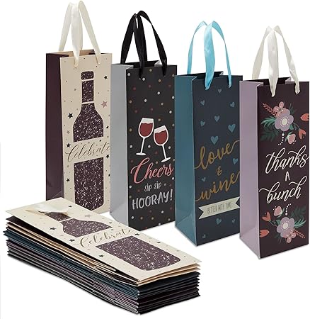 Amazon ワインバッグ 12パック 新築祝い 誕生日 記念日 結婚式 ディナーパーティー シングルワインボトルキャリーバッグ 4デザイン 4 6x13 7x4インチ Juvale ワインバッグ