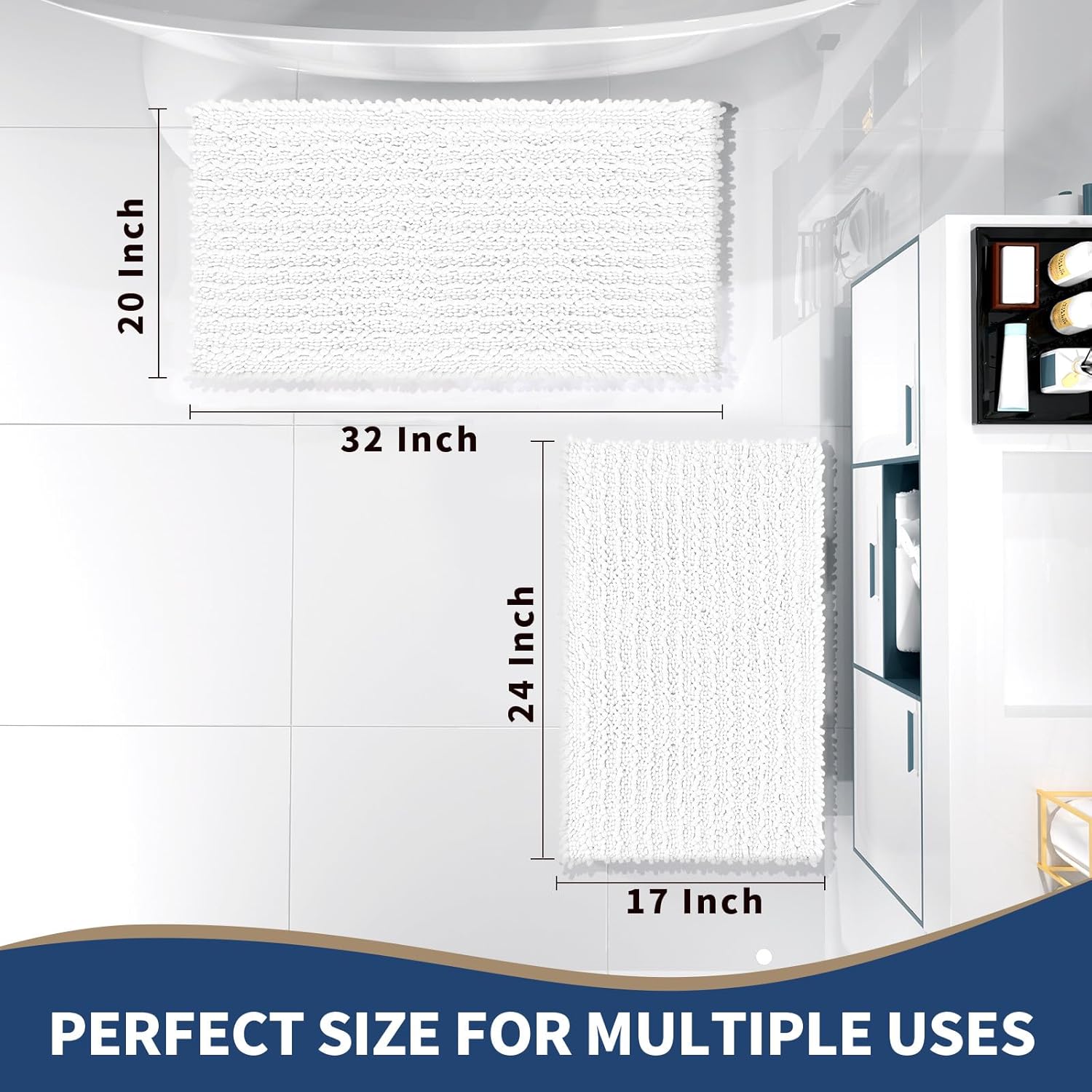 Yimobra Bathroom Rugs Sets 2 Piece - Quick Dry Extra Thick Luxury Chenille Bath Mat, Non Slip Super Absorbent for Tub Shower Sink, Machine Washable Shaggy Floor Mat, 32"x20"+24"x17" Inch, White - Image 2