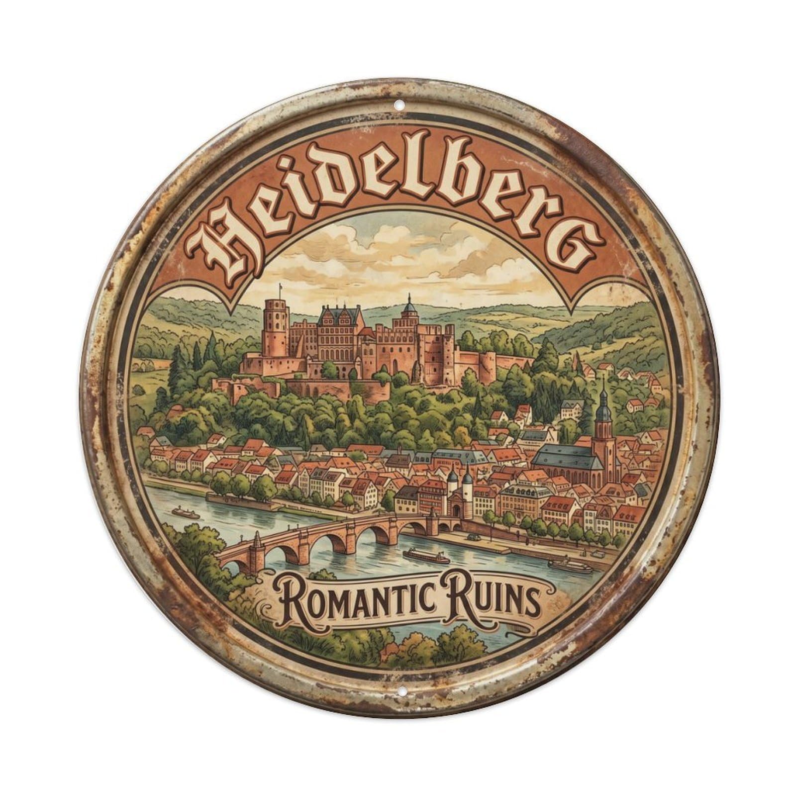 Vintage Travel Heidelberg Romantic Ruins Metal Tin Sign Plaque Wall Decor for Cafe, Club, Garden Round Metal Poster 8x8Inch