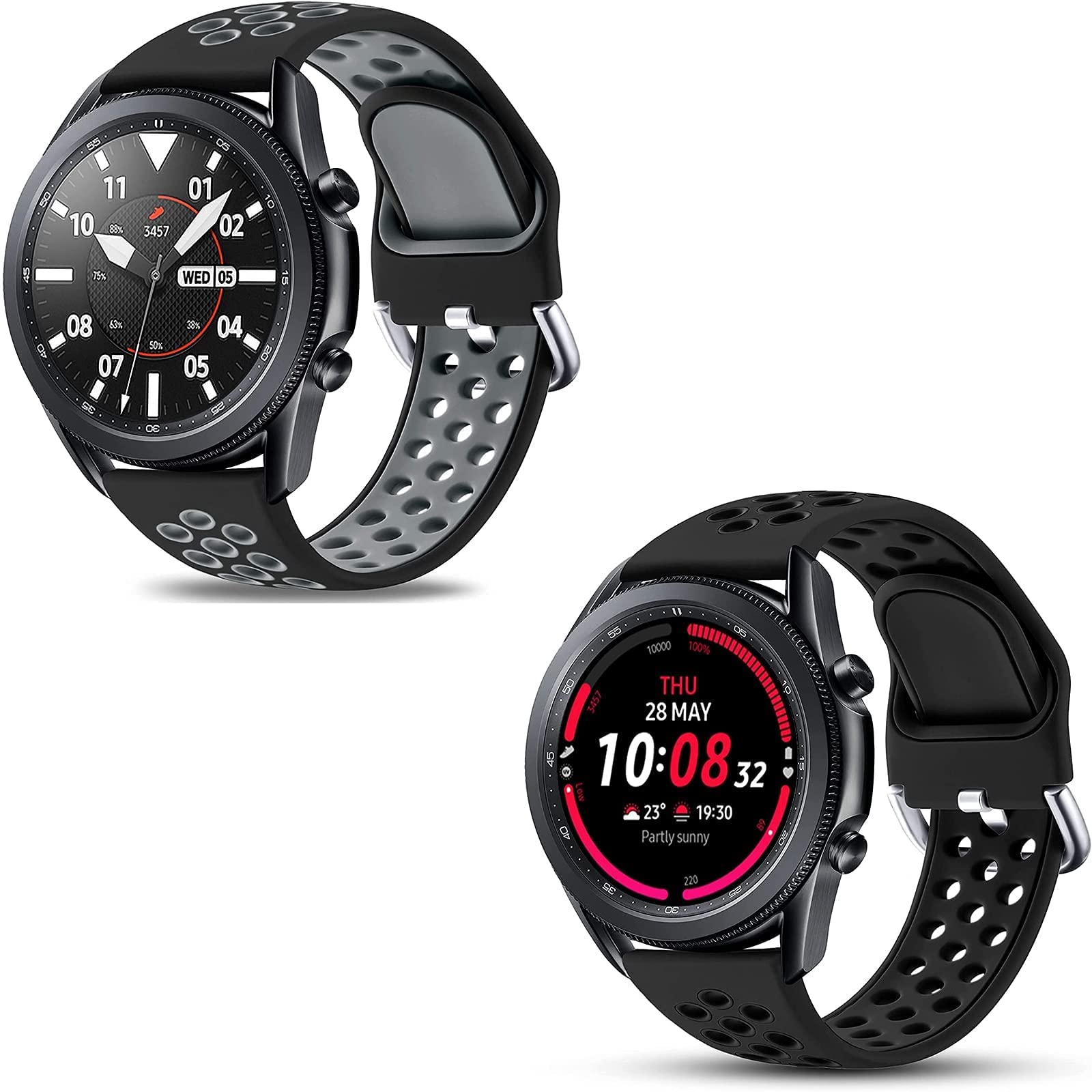 EasunySport Band Compatible for Samsung Galaxy Watch 3 45mm/Galaxy Watch 46mm/Samsung Gear S3 Frontier, 22mm Quick Release Silicone Breathable Watch Strap, Black/Gray & Black/Black Large