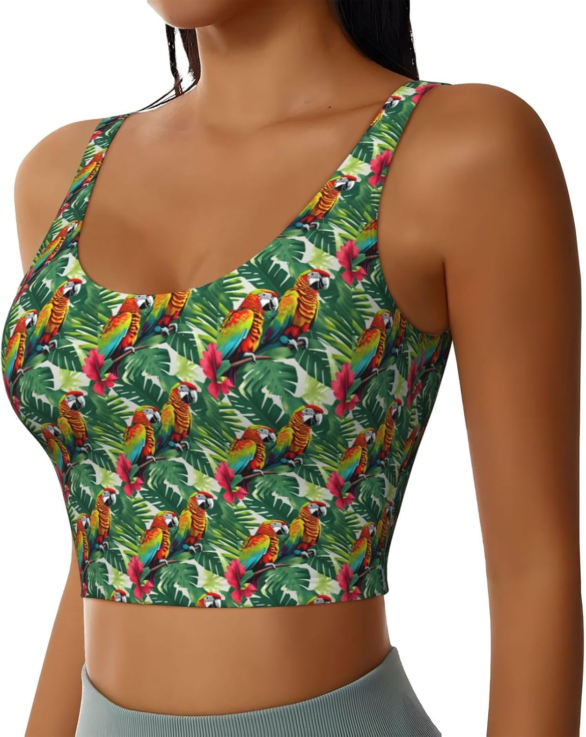 Tropical Flower Leaf Parrot Print Women's Sports Vest Breathable for Yoga Running Gym Athletic Casual Sleeveless Top