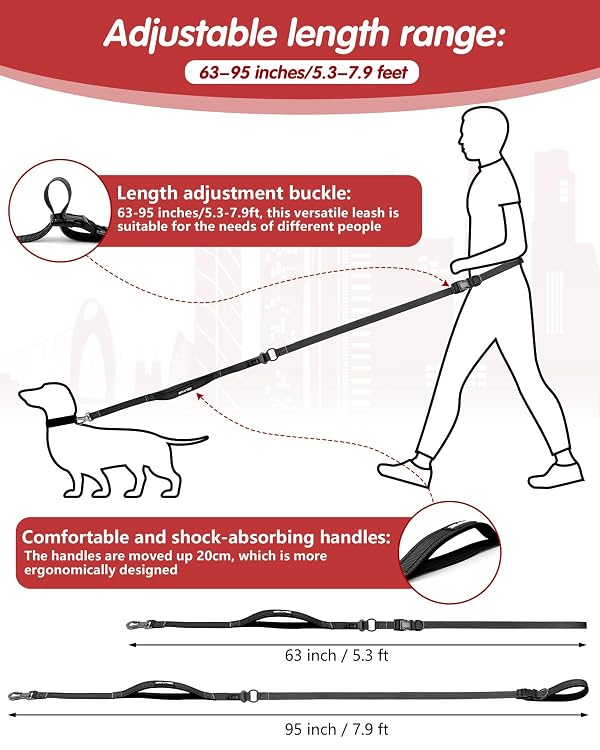 WANFIRE Hands Free Dog Leash & Car Seatbelt, 5.3-7.9ft Crossbody Dog Belt with Dual Soft Handles, Shock-Absorbing, 360° Clip, Reflective Design for Walking, Running, Hiking, Travel. (Black) by WANFIRE - Image 2