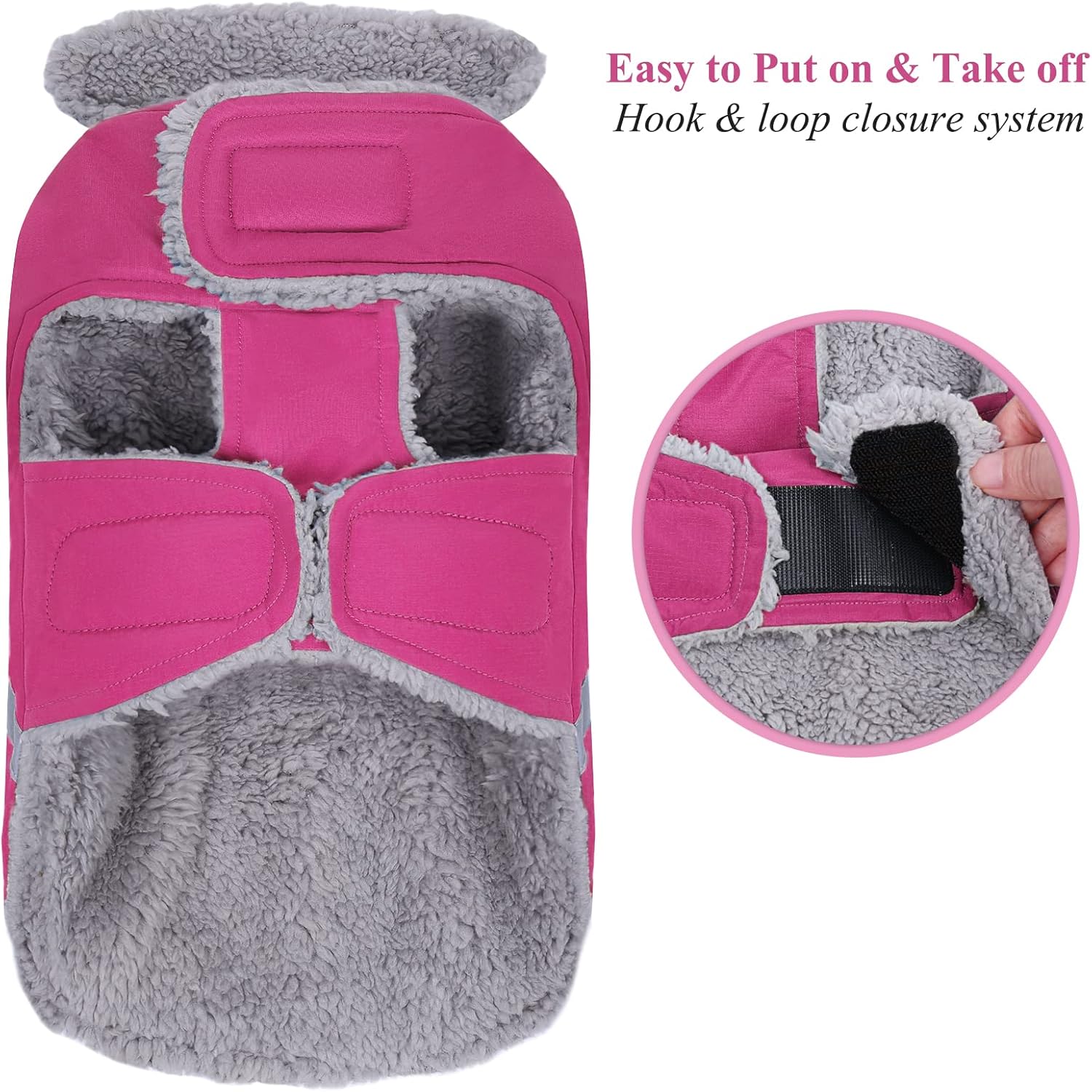 VIVAGLORY Frostfit Dog Coat, Dog Jacket for Winter & Cold Weather, Warm Fluffy Fleece Lined Water Resistant Reflective for Puppy, Coat with Leash Hole, XXS, Fuchsia - Image 7