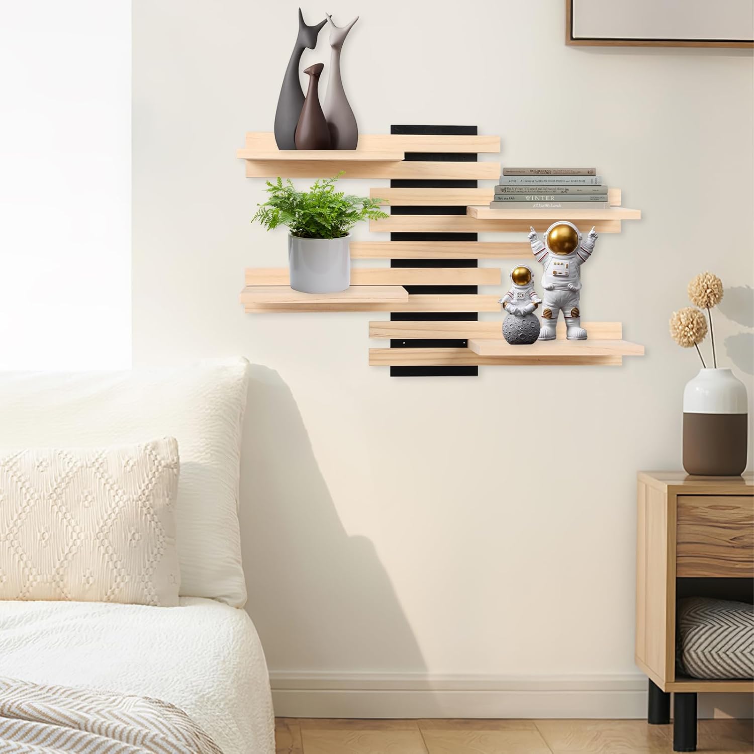 4-Tier Adjustable Wooden Floating Shelf Space-Saving Wall Mounted Shelf with Multiple Customizable Layouts Display Rack for Figurines Doll Small Plant Statue Wall Organizer for Living Room Bedroom