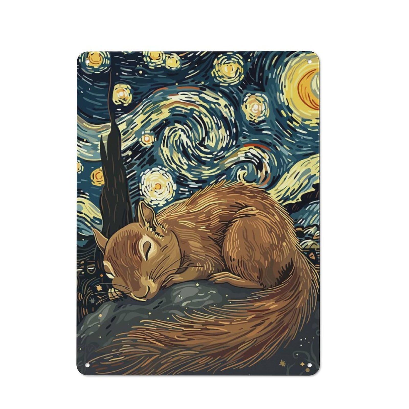 Junmoney Squirrel Sleeping Under Starry Night Sky Retro Tin Wall Plaque 40X30cm Featuring For Garage Wall, For Vintage Wall Decor Fans, For Themed Room Decoration