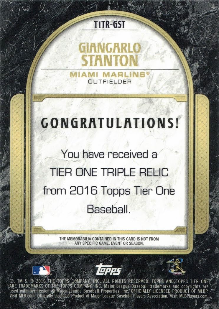 2016 Topps Tier One Triple Relics #T1TR-GST Giancarlo Stanton Game Worn Jersey Baseball Card – Only 25 made!