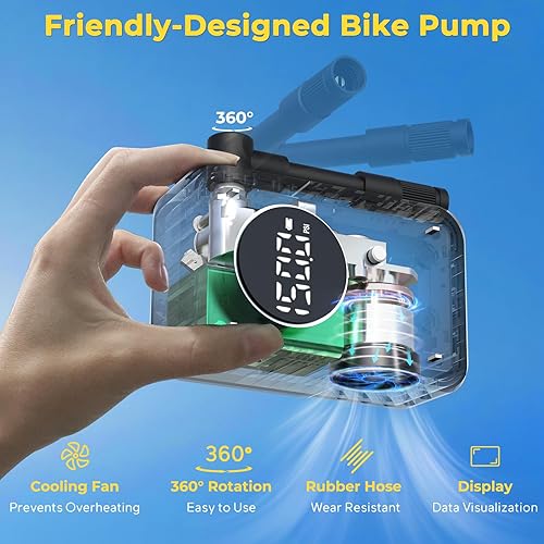 Miniatura 5 de MOVCAN Mini bomba de bicicleta, bomba de bicicleta rápida de 33 s con calibre, bomba de aire eléctrica portátil de 150 PSI con válvula Presta y