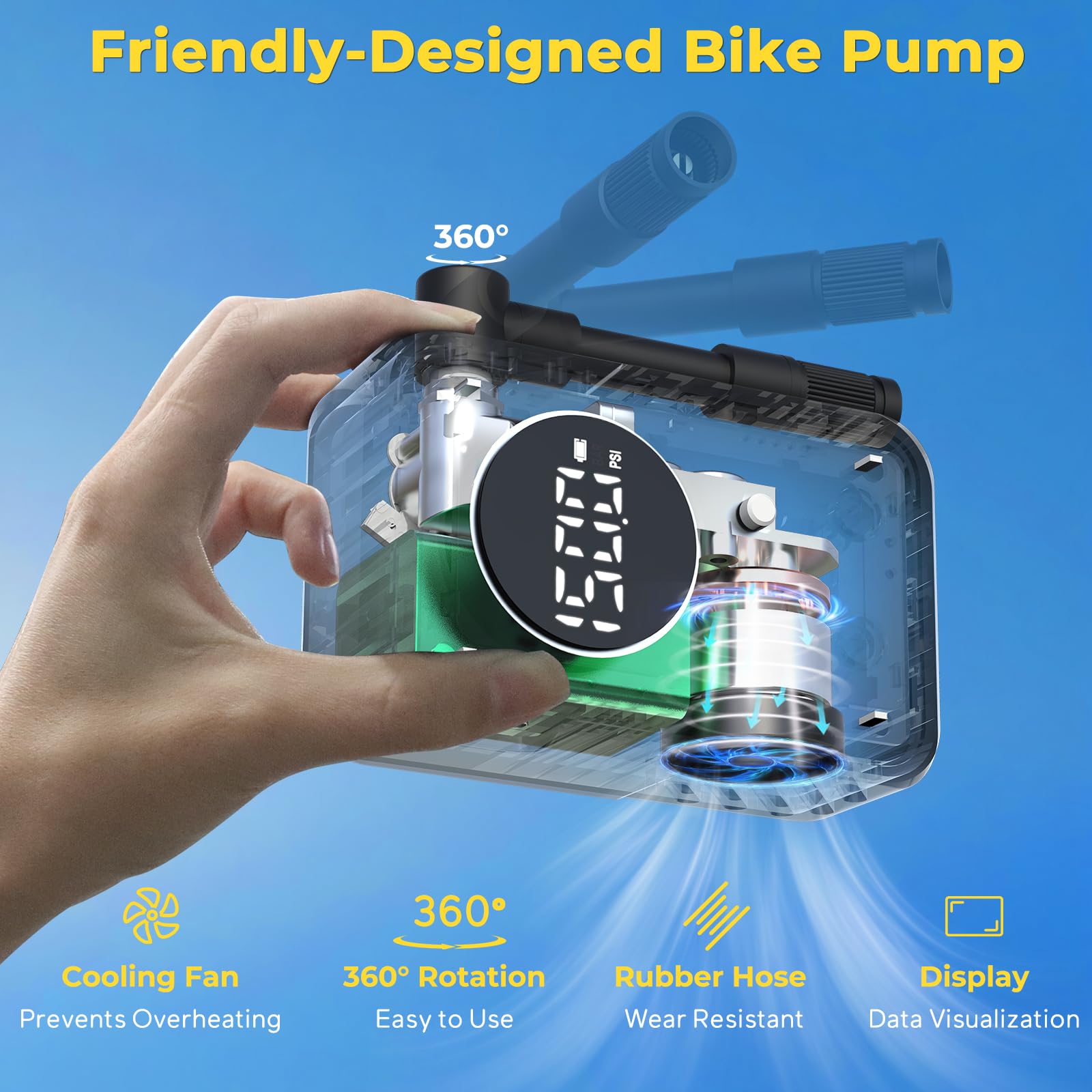 MOVCAN Mini-Fahrradpumpe, 25 Sekunden, schnelle Fahrradpumpe mit Messgerät, 150 PSI, tragbare Elektro-Fahrrad-Luftpumpe mit Presta- und Schrader-Ventil, Aufblasnadel für Fahrrad, Motorrad
