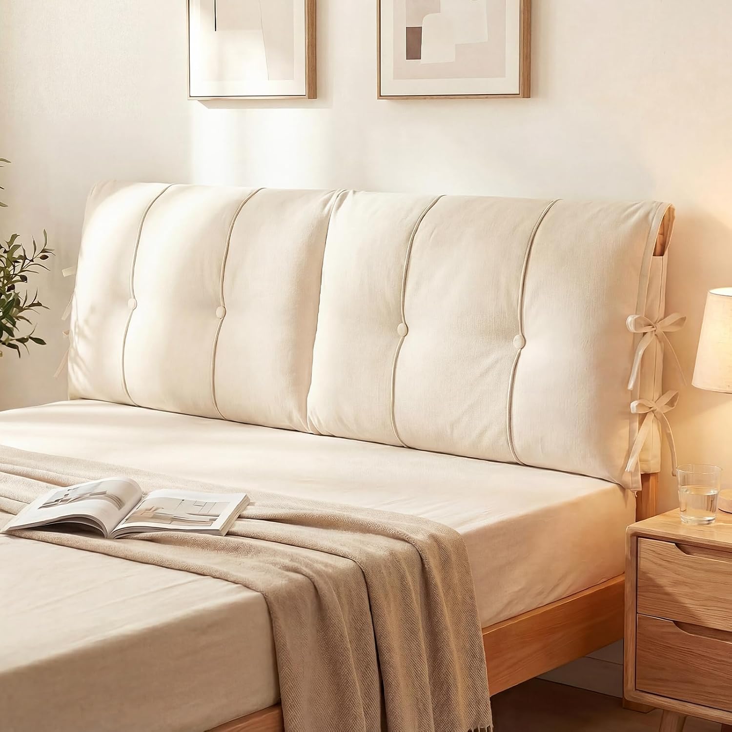 Tegeme Headboard Cover with Tie Straps Full-Cover Large Thicken Bed Headboard Pillow for King Queen Full Size Beds Metal Frame Wooden Bed(Creamy White,King Size)