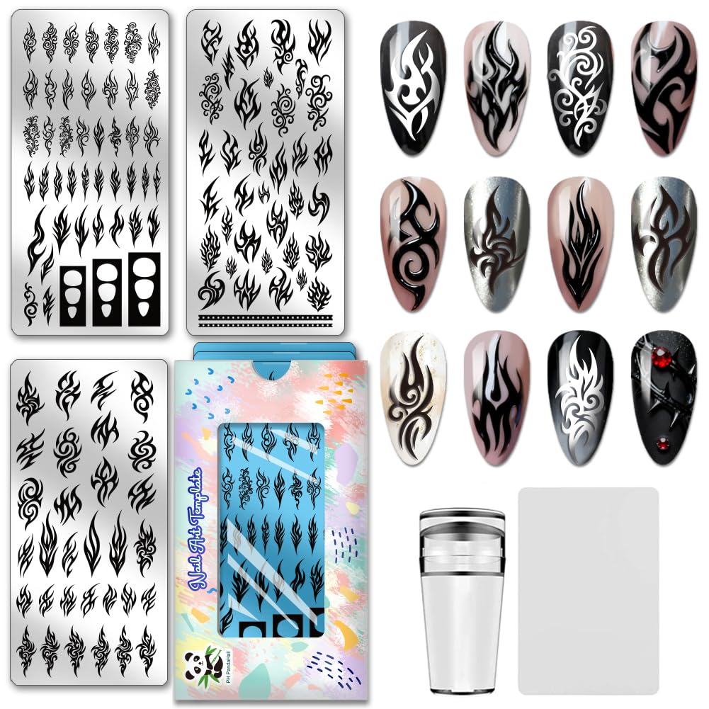 PH PandaHall 113 Patterns Gothic Line Nail Stamping Plates Punk Style Thorns Nails Art Stencils Tribal Flames Nail Art Templates Swirl Pattern Nail Image Plates for Women Manicures Salon Design, 3pcs